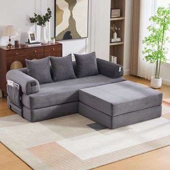 Conjunto De Canapé Modular En Chenilla Con Puff, Bolsillo De Almacenamiento Lateral, 3 Cojines Cómodos, Estructura Metálica Estable, Acolchado Grueso, Gris Oscuro.
