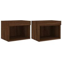 pack 2 uds mesitas de noche  mesa auxiliar  mesilla de pared con luces led roble marron