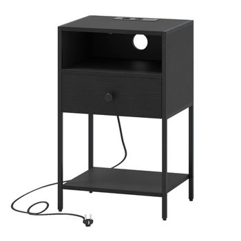 Costway Mesita de Noche con Estación de Carga Industrial Compartimento Abierto Cajón Estante Almacenamiento Compacta Dormitorio Sala de Estar Negro