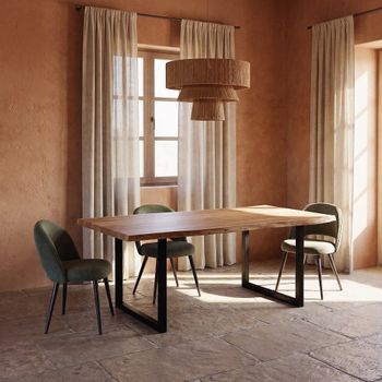Mesa de comedor de acacia maciza y acero negro de 200 cm
