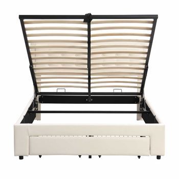 Cama Contenedor Acolchada 140x200cm En Terciopelo - Con Cajón Y Somier - Beige (sin Colchón)