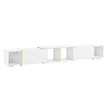 Mueble Tv Extensible Blanco Brillo De 275 Cm Con Estantes Abiertos Y Detalles Dorados