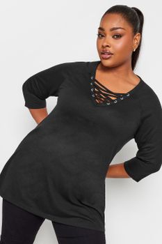 Yours Top Negro Con Cordón En Escote, Mujer Curvy Y Tallas Grandes, Yours