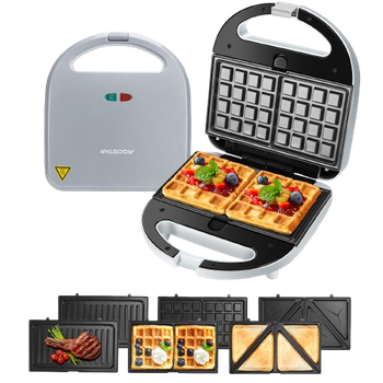 Aigostar Grace - Sandwichera 3 en 1: Sandwichera, Gofrera y Grill, 750W, 3 Placas Desmontables Antiadherentes e Intercambiables. Indicador Luminoso, Termostato, Gris, Aigostar Grace