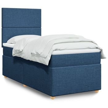 Cama Para Adulto | Cama Individual | Cama Box Spring Con Colchón Tela Azul 100x200 Cm Cfw82156