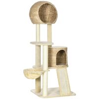 pawhut arbol para gatos rascador sisal natural 2 cubiculos plataforma hamaca peluche junco de agua - 60x60x150 cm beige   aosom espana