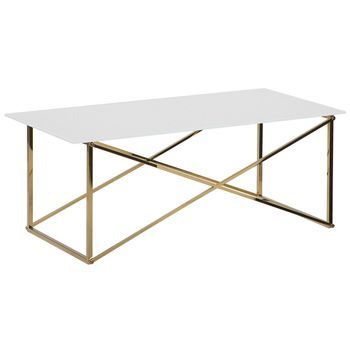 Mesa De Centro Rectangular Tablero De Vidrio Templado Blanco Patas Doradas Base De Acero Inoxidable 100 X 50 Cm Glam Emporia