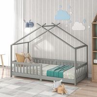 cama tipo cabana para ninos en madera maciza con barrera de seguridad y somier de lamas gris 200x90 cm
