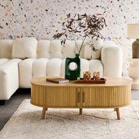 mesa de centro con puertas correderas y efecto madera natural