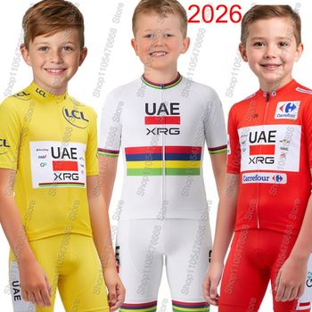 Conjunto de Jersey de Ciclismo para Niños del Equipo UAE 2026, Campeón Mundial Tadej Pogačar, Ropa de Ciclismo para Niños y Niñas, Camiseta y Pantalones para Bicicleta de Carretera
