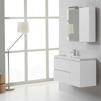 Mueble De Baño Suspendido Blanco Bosque, Lavabo Izquierdo, Espejo Con Armario Derecho | Manhattan
