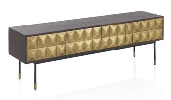 Mueble tv 4 puertas de madera de mango maciza con frontal laton dorado