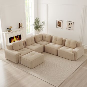 Sofá Modular Beige De 5 Plazas, Diseño Esquinero, Asiento Profundo Y Sin Montaje