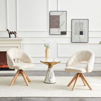 Set De 2 Sillas Giratorias - Comedor - Madera Maciza Y Tejido - Blanco (46x49x84cm)