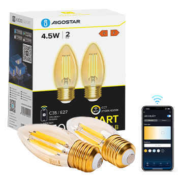 Aigostar Edison Bombillas Alexa LED E27 Bombillas Inteligentes 4.5W 470LM WIFI Bombilla Vintage C35 Bombillas Filamento Regulable 2700K-6500K， compatible con Alexa/Google Home. ámbar 2 pack
