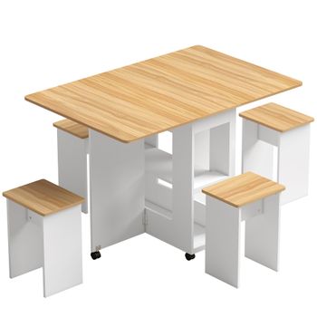 HOMCOM Conjunto Mesa de Comedor Plegable y 4 Taburetes Ocultos 2 Alas Abatibles Ruedas Estantes Roble   Aosom España