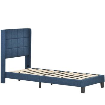 Cama Polsterbett 90x200cm - Cabecero Acolchado, Con Somier, Media Firmeza - Azul Lino
