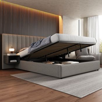 Cama Doble 180x200 Lino Gris/negro, Hidráulica, 2 Mesitas Almacenamiento, Somier Listones Madera, Adultos/adolescentes
