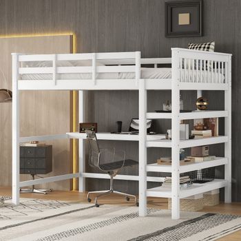 Cama Alta 140x200 Con Escritorio Y Estantes, Madera De Pino, Blanco