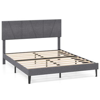 Costway Somier de Cama con Plataforma Tapizada Cabecero Geométrico Ajustable en Altura y Listones de Madera 160 x 200 cm Gris Oscuro