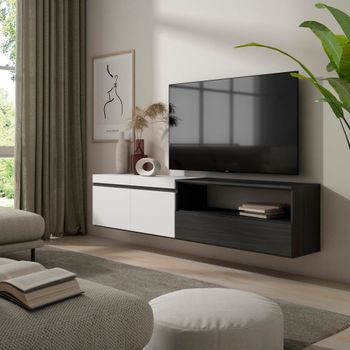 Mueble tv efecto madera blanco y negro 200x35x45cm colgado