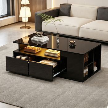 Mesa De Centro Negra Con Luz Led, 100 X 50 X 35 Cm Y Dos Cajones