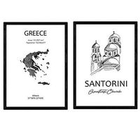 pack de posters de paises y monumentos mapa grecia y monumento santorini tamano a3 con marco - nacnic