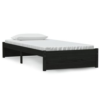 Cama Individual | Cama Para Adultos | Estructura De Cama Individual Madera Maciza Negra 90x190 Cm