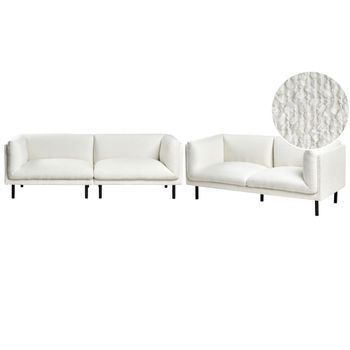 Conjunto De Sala De Estar 5 Plazas De Bouclé Patas De Hierro Negras Muebles Sala De Estar Blanco Crema Vorgod