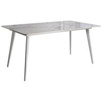 mesa de comedor de jardin tablero de piedra sinterizada estructura de hierro resistente a los rayos uv al agua y al oxido interior y exterior blanco y marmol blanco rodallo