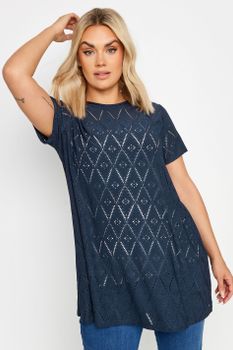 Yours Camiseta Azul De Rombos Calados, Mujer Curvy Y Tallas Grandes, Yours
