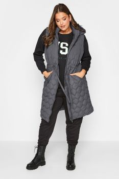 Chaleco Acolchado Midi Gris Con Capucha, Mujer Curvy Y Tallas Grandes, Yours