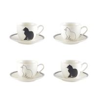 tazas de cafe con platos de gato negro y blanco - set de 4