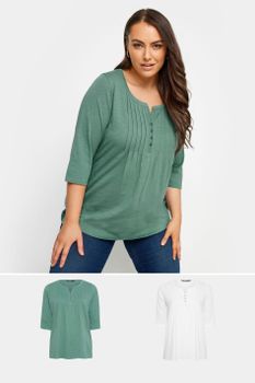 Yours Juego 2 Camisetas De Algodón Con Jaretas Y Cuello Panadero: Verde Y Blanca, Mujer Curvy Y Tallas Grandes, Yours