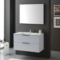 mueble de bano suspendido de 90 cm blanco brillante con manijas negras lavabo de resina y espejo  parigi