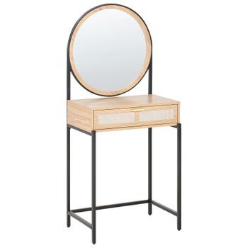 Tocador Elegante Boho Con Espejo Redondo Y Cajón Marrón Claro Y Negro Cassiar