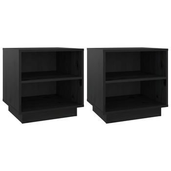 Pack 2 Uds Mesitas De Noche | Mesa Auxiliar | Mesilla Madera Maciza De Pino Negro 40x34x40 Cm