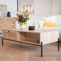 mesa de centro 1 cajon en rejilla natural y efecto roble 115 cm