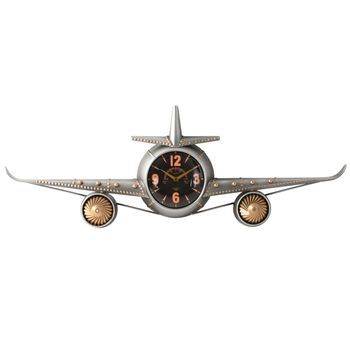 Reloj Pared Metal 114x11x40 Avion Plateado