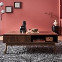mesa de centro con decoracion de madera 1 cajon madera oscura