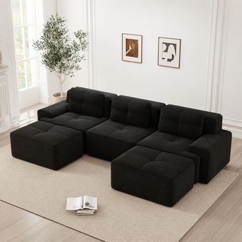 Sofá Modular Tipo Nube En Forma De U Con Otomana, Pana Negra, 3 Plazas