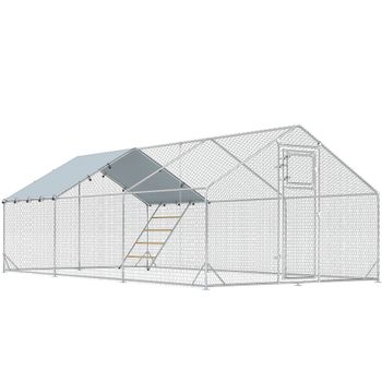 PawHut Gallinero Metálico de Exterior para 18-24 Gallinas con Percha Multiusos Comedero Colgante Tipo Brocheta 3x6m Plata  Aosom España