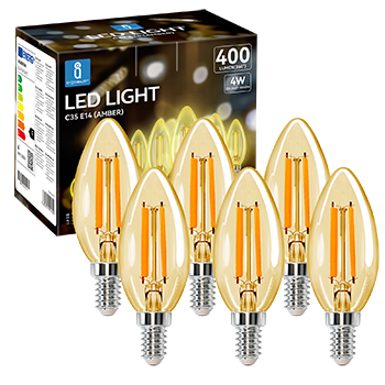 Aigostar Bombilla LED vela Edison, 4W Equivalente a 35W, Casquillo Fino E14, Luz Cálida 2200K, 400 Lúmenes, Bombilla LED Vintage Decorativa C35 de Filamento, No Regulable, Cristal ámbar, Pack 6