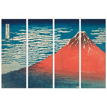 Panorama Cuadro De Aluminio Hokusai Volcán Rojo En 4 Piezas 100x70 Cm