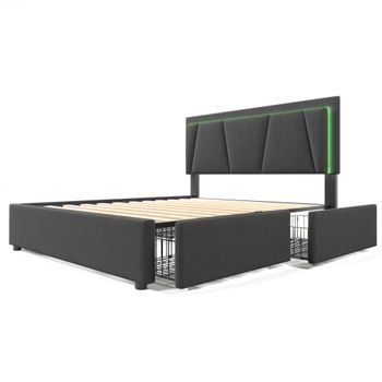 Cama Gris De Lino 160 X 200 Cm Con 4 Cajones, Cabecero Regulable Y Luz Led