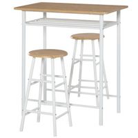 conjunto de mesa de bar 3 piezas mesa alta con 2 taburetes estante 80x50x90 cm mdf y acero blanco y roble