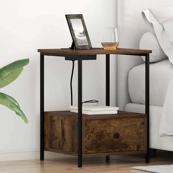 Mesita De Noche 2 Uds - Mueble De Dormitorio - Madera Y Acero - Roble Ahumado (42x41x56cm)