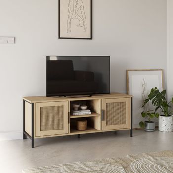 Mueble tv 2 puertas color roble con ratán natural, 120 cm
