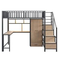 cama alta metalica 140x200 cm - escritorio estanteria armario cajones led negro