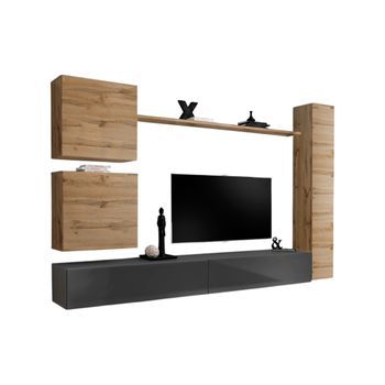 Conjunto De Muebles De Salón, Switch Viii. Mueble De Tv De Pared De Diseño, Color Gris Brillante Y Roble Wotan.